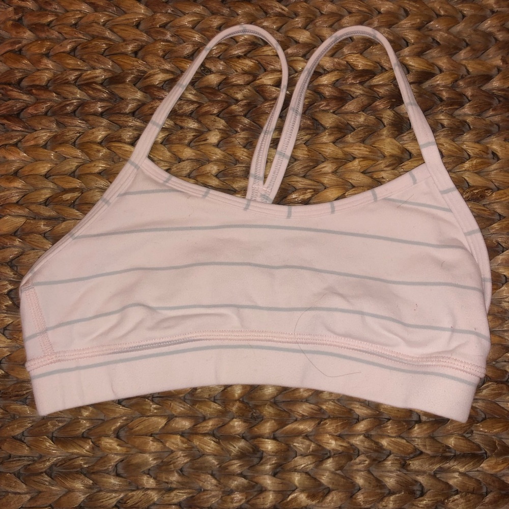 Pink and gray striped lululemon bra.